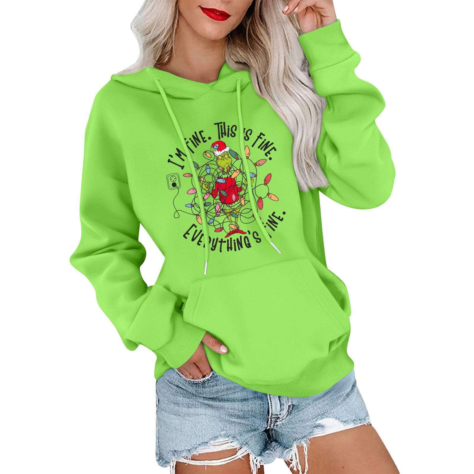 

Женский повседневный удобный свитшот с капюшоном, длинным рукавом и рождественским принтом L зелёный