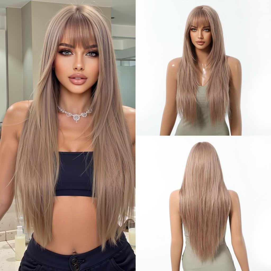 LOUIS FERRE Synthetic Fiber Wig For Women Long Straight Silky Daily Elegant Wigs Black Brown Fake Hair With Bangs High Resistant