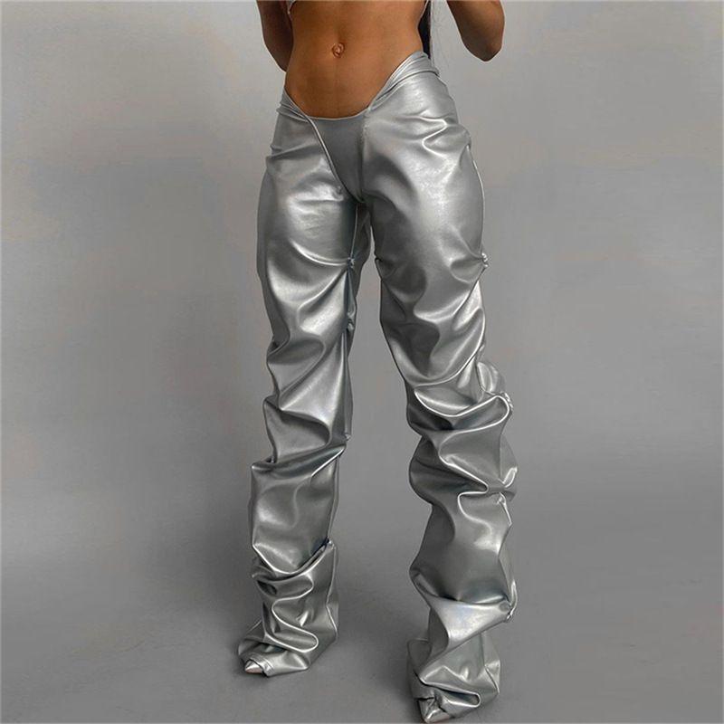 Western Style 2023 Women clothes New Fashion Pleat Pu Imitation Leather Sexy Low Waist Street Shot Straight Casual Trousers