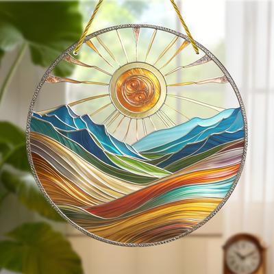 Stained Glass Style Colorful Catcher 8 Inches 20 Cm Unique Sunshine Landscape Wall Art Indoor Outdoor Art Porch Bedroom Office Home Decoration Gift