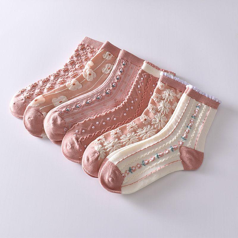 5 Stück/weiße florale Mid-Tube-Socken für Damen, trendige japanische Pudernebelfarbe, Student Loli Spring, dünner Abschnitt, JK-Socken, Pink, Neu
