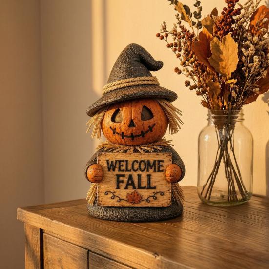 Maple Leaf Desktop Ornament Fall Scarecrow Figurine, Wooden Pumpkin Statue, Rustic Autumn Durable Craft Figurines Harvest Tabletop Decoration