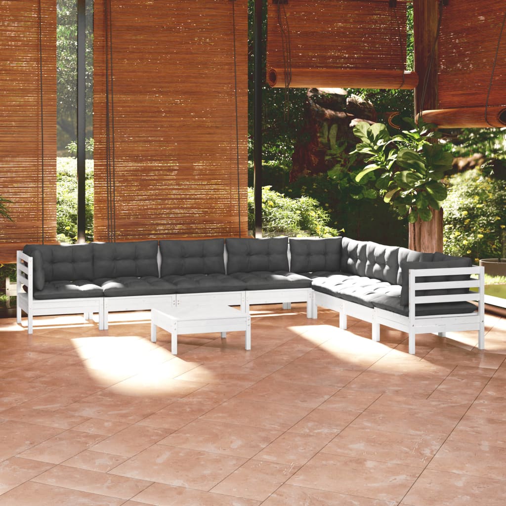 9 piece Garden Lounge Set with Cushions White Solid Pine Wood