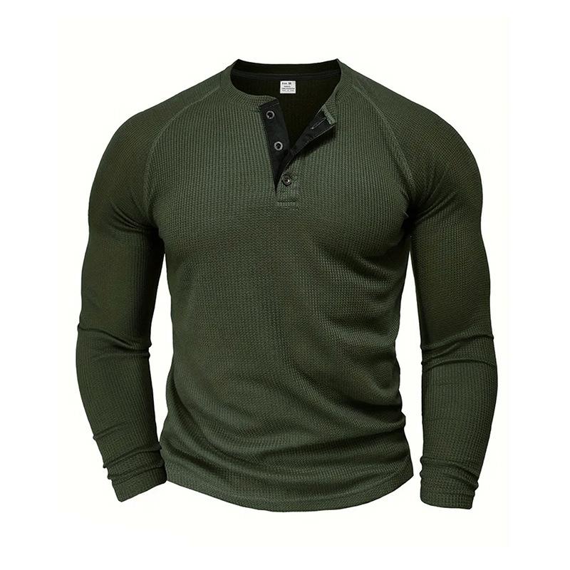 Męskie koszulki polo henley z dzianiny waflowej, z długim rękawem, gładkie, codzienne, sportowe, topy