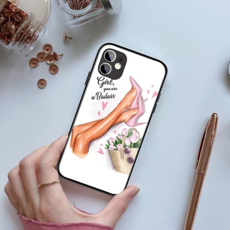 Fashion Girls High Heels Phone Case For IPhone 14 13 12 11 XS X 8 7 6 Plus Mini Pro Max SE 2022 Black PC TPU Glass Phone Cover