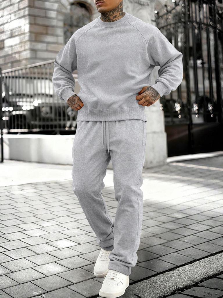 Plus Size Men's Fleece Sports Set: Loose Round Neck Sweatshirt & Running Suit