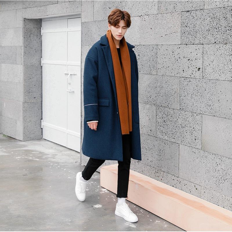 

Мужское однотонное шерстяное пальто, свободный повседневный мужской тренчкот средней и длинной длины. 2XL синий