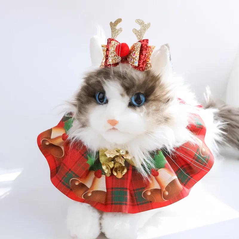 

Pet Christmas Holiday Collar Kitten Dog Bow Bell Jewelry Elk Bib M