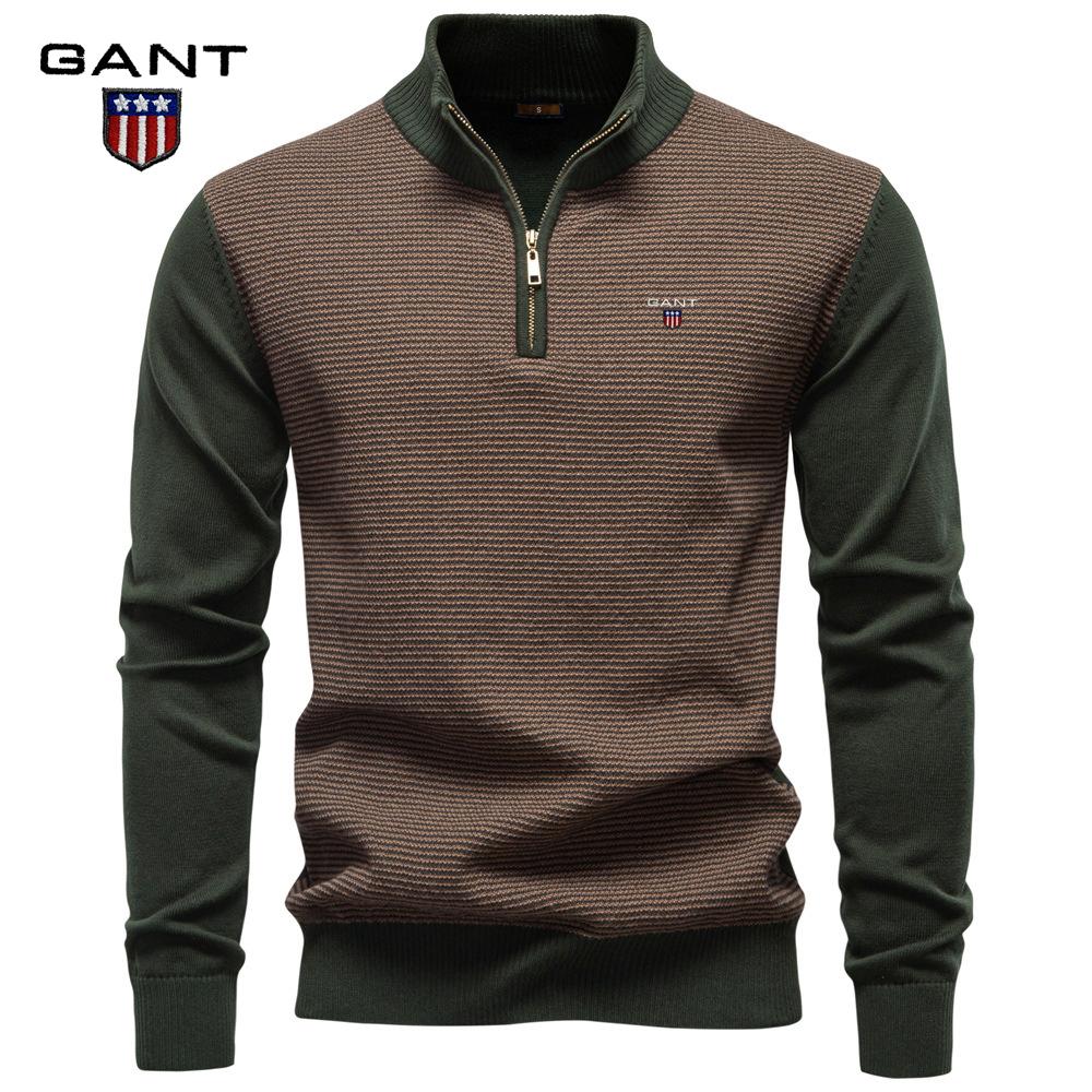 Gant 2025 Autumn/Winter Embroidery New Half Zipper Men's Stand Up Collar Cotton Sweater Business Casual Knitted Sweater