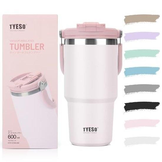 TYESO tumbler straw 600ml water bottle thermal insulation large capacity stainless steel lid spill-proof portable handle vacuum insulated double wide