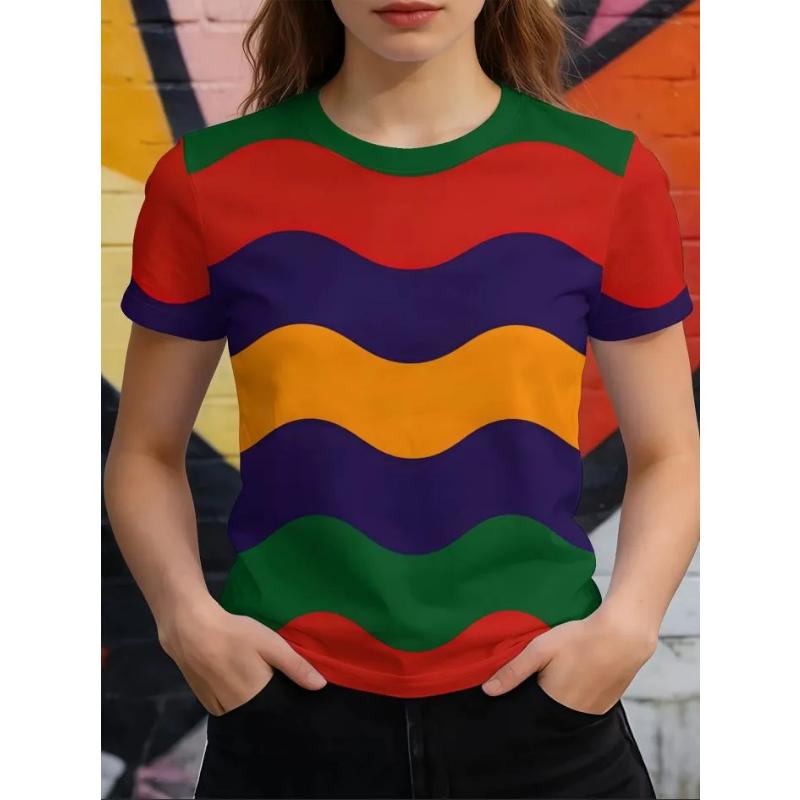 Modisches Damen Rundhals Kurzarm 3D Gestreift Farbprint Gestreiftes Kurzarm Rundhals T-Shirt