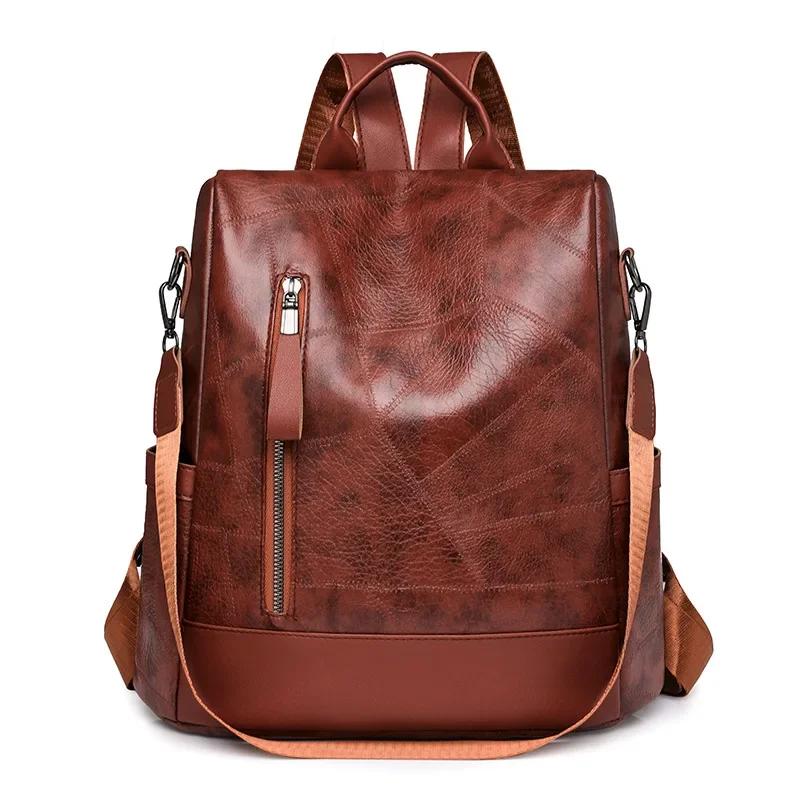 Vintage Black Leather Backpack for Women Soft PU Crossbody Shoulder Bag Anti-Theft Travel Work Bag Ladies Simple Tote Backpack