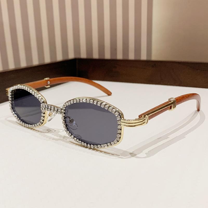 New Style Oval Sunglasses For Women With Diamonds, Fashionable Retro Imitation Wood Grain Sunglasses, High-end Sun Protection Gl