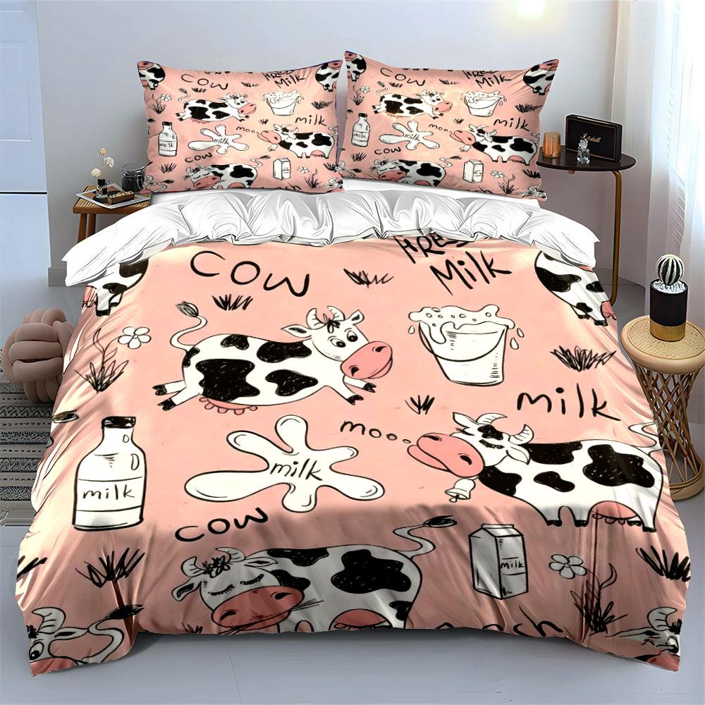 Cute Cow Milk Cartoon Pattern Bedding Duvet Cover Set (1*Duvet Cover 2*Pillowcases, without duvet insert)