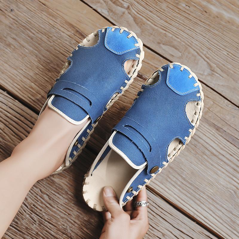 Fashion Breathable Hand sewn canvas casual slippers Trendy men's design styles Street outdoor walking Black daily shoes summer New Flat