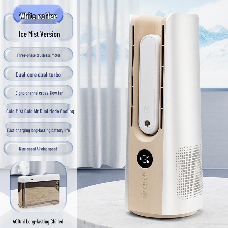 Double Turbine Leafless Fan & Humidifier: Mini Dual Tower, High Wind, USB-Powered, Humidifying Spray