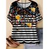 Summer Womens Retro 3D Printed Color Striped T-shirt Pattern Loose Comfortable Breathable Large Size Fashion O-neck T-shirt