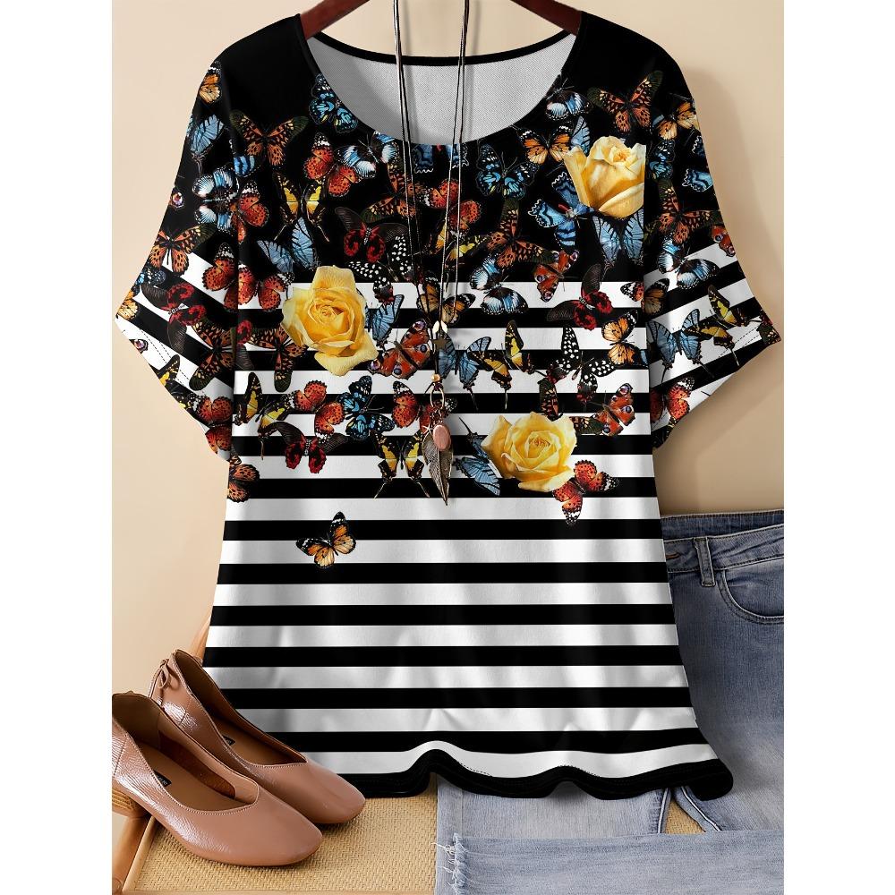 Summer Womens Retro 3D Printed Color Striped T-shirt Pattern Loose Comfortable Breathable Large Size Fashion O-neck T-shirt