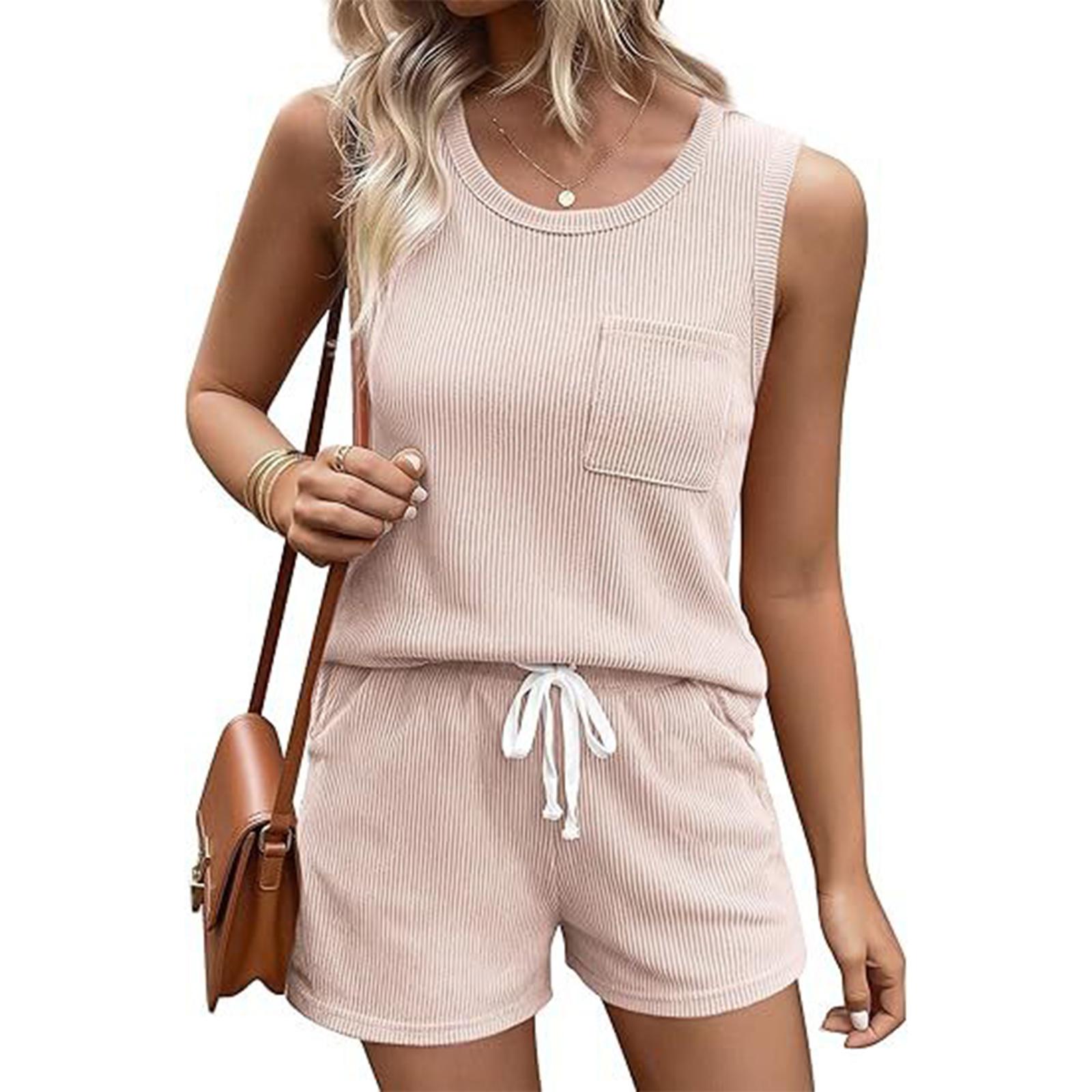 

Women s Fashion Round Neck Pocket Tank Top Drawstring Shorts Casual Two Piece Set L бежевый