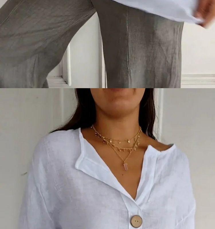 European Chic V-Neck Cotton Linen Mid-Sleeve Top for Plus Size Women - Spring/Summer