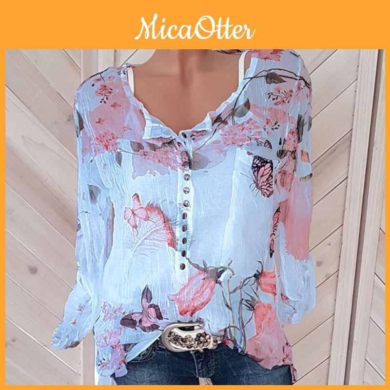 Stylish Women Casual Floral Printed Buttons T-shirt Ladies Chiffon Irregular Tops Blouse