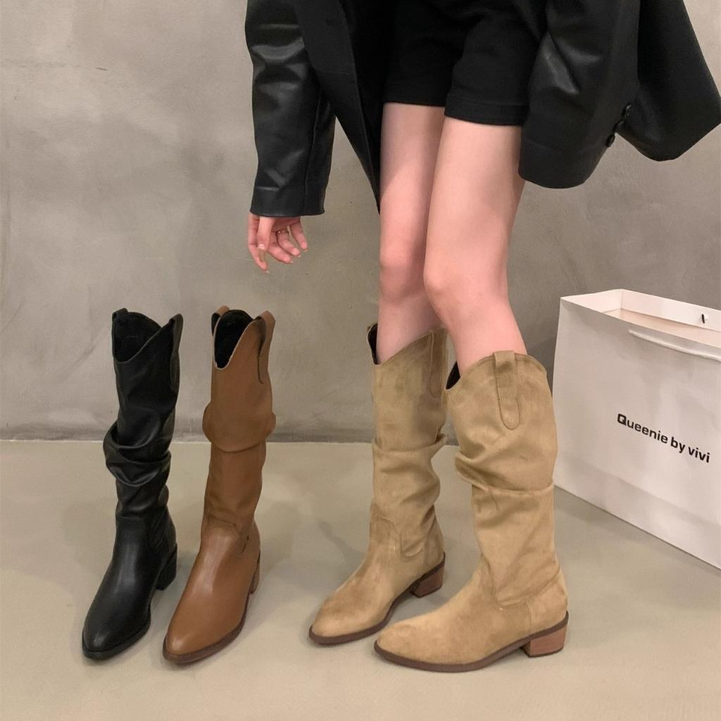 Vintage Brown V-Mouth Pile Medium Boots Women's Shoes 2026 Spring Autumn Winter Pointed Western Cowboy Boots