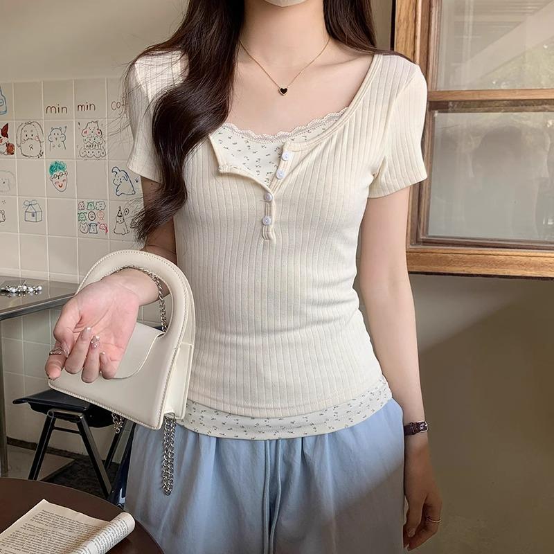 Fake Two-piece Lace Short-sleeved T-shirt Spring and Summer New Pure Lust Spice Girl Slim and Thin Shoulder Bottoming Top