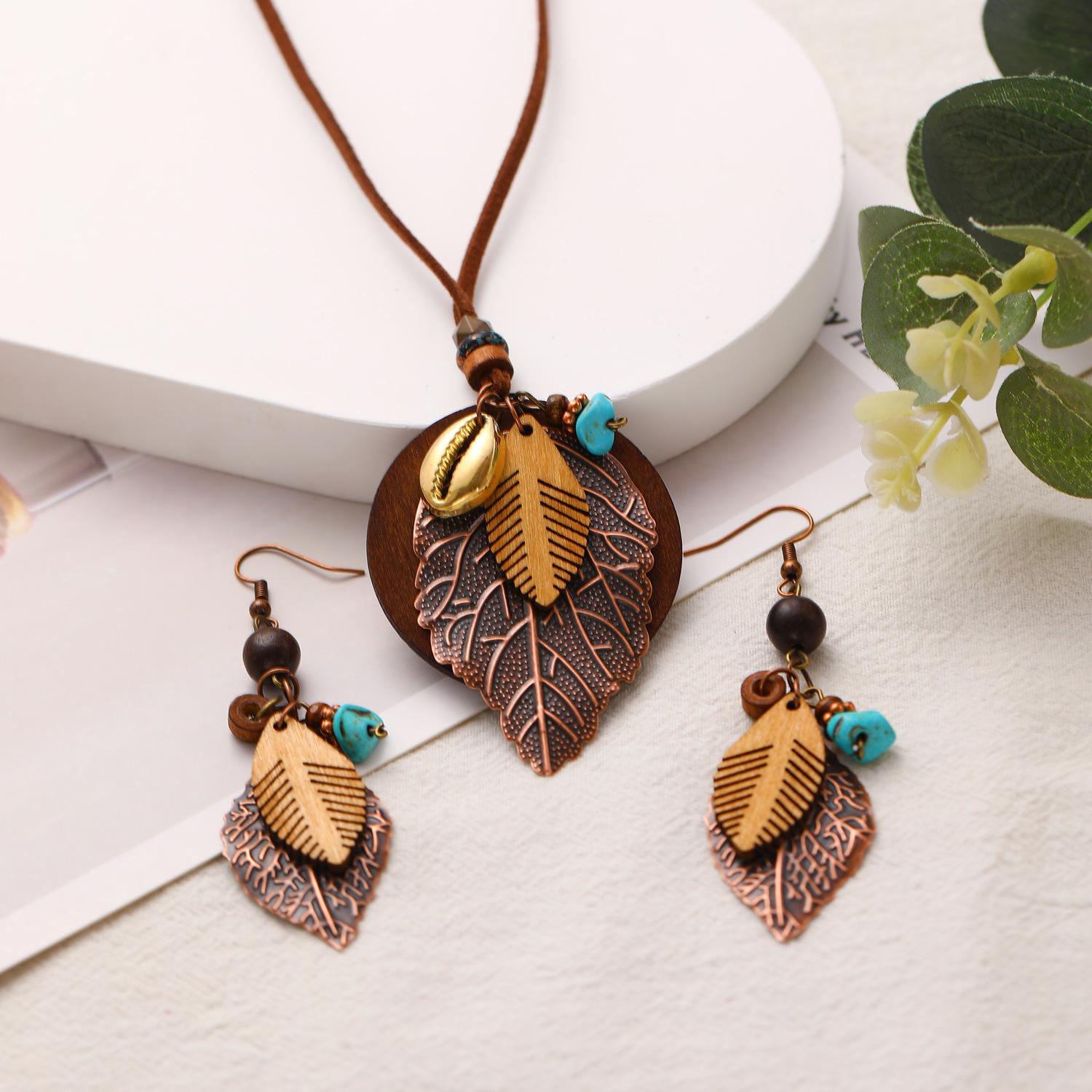 

Богемный набор серег и ожерелья с листьями - Этнические длинные украшения-цепочки для свитера для женщин