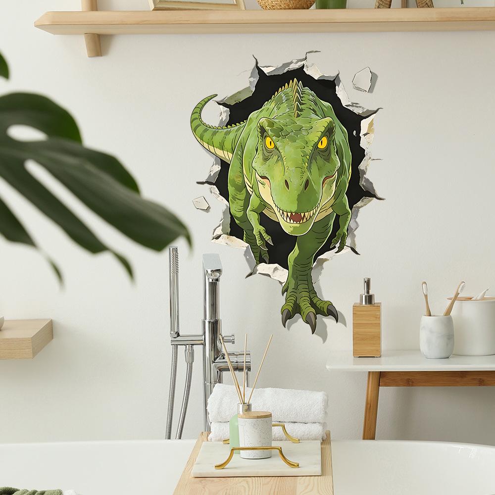 Cartoon Dinosaur Breaking Through The Wall - Fierce - Children's Room Bedroom Wall Decoration Stickers
