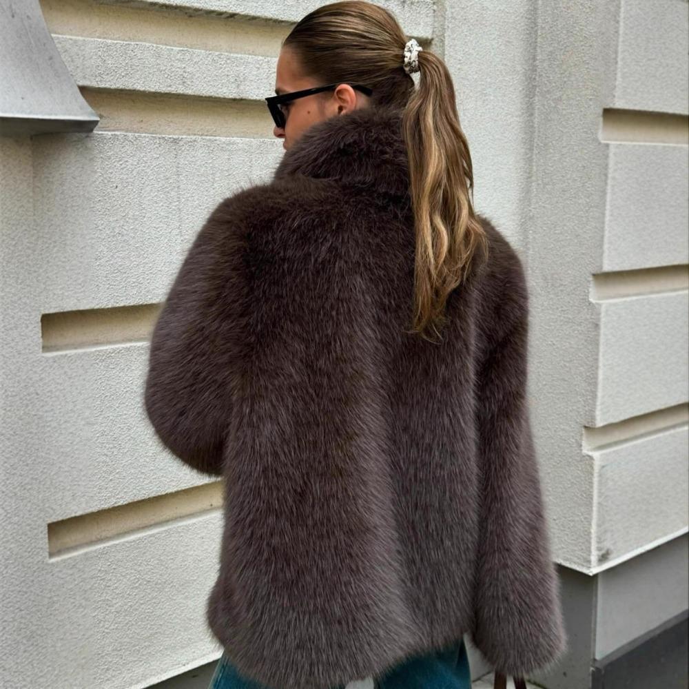 Damen Umlegekragen Langarm Kunstfuchs Pelzjacke Lockere Passform Pendlerstil Pelzmantel