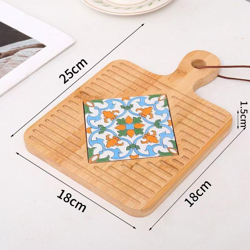 Retro Insulated Wooden Placemat for Pots and Plates, Flower Tile Design