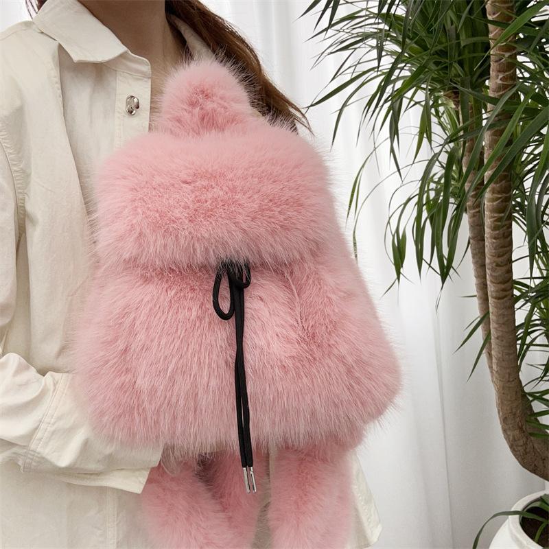 Solid Color Fake Fur Women's Backpack Fashi Large Capacity Plush Female Double Shoulder Bag Winter Girls Furry Tote Schoolbags