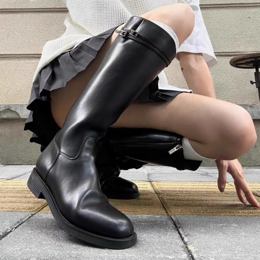 Cowhide version~ Korean version of round head thick heel boots women's 25 years of simple and versatile temperament straight tube side zipper knight b