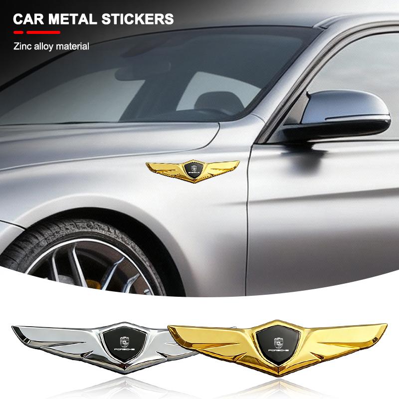 New Wing Shape Zinc Alloy Stickers Car Metal Chromed Emblem Stickers For Porsche Cayenne Panamera Macan Boxster Cayman 718 911 VT6