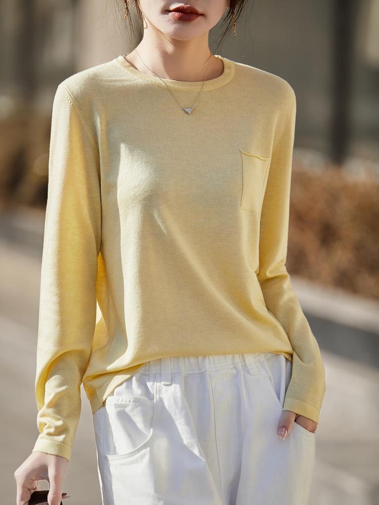 Women's Slim Fit Solid Color Round Neck Wool Sweater - Long Sleeve Fine Knit Base Layer