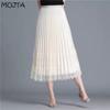 Spring Summer Women's Midi Mesh Lace Pleated Skirt Female Skirt High Waist Solid Slim Mid-length A-line Pleated Skirt