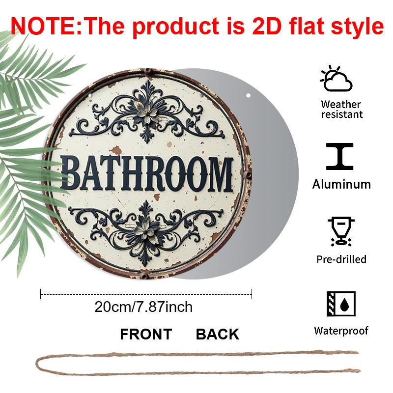 2D Flat Aluminum Rustic Bathroom Sign for Door - Vintage Farmhouse Wall Decor, Round Aluminum Metal Hanging Plaque, Shabby Chic Faux Embossed
