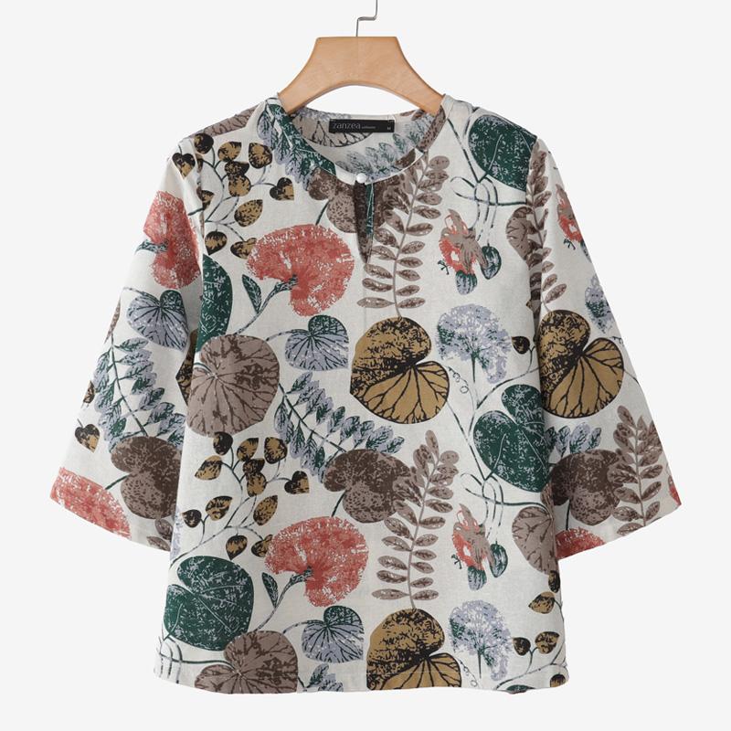 ZANZEA Women Casual Round Neck Loose 3/4 Sleeve Print Cotton Blouse