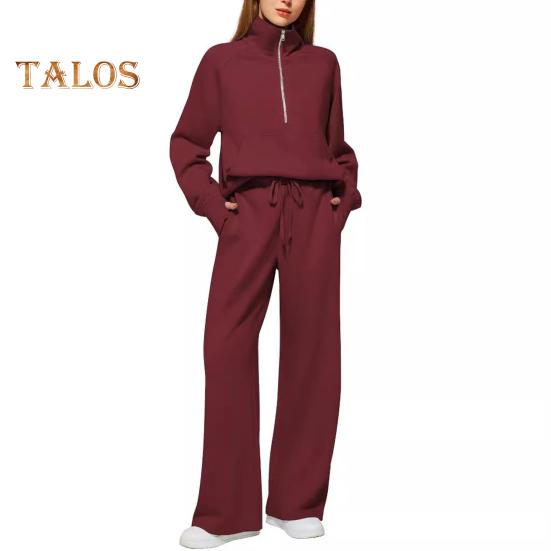 2 ks/sada dámských topů a kalhot, sada s poloviční zipem, odkládacím límcem, dlouhým rukávem, mikinou s elastickým pasem a širokými nohavicemi, sportovním oblečením, podzimním oblečením a volnočasovými aktivitami