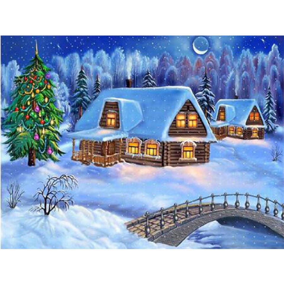 5D DIY Diamond Painting Landscape Winter House Full Round Rhinestone Embroidery Cross Stitch Kit Mosaic Picture Decoration Gift