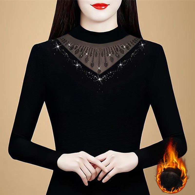 Korean Style Base Shirt for Women with Winter New Mesh Long-sleeved T-shirt Top Mother Shirt