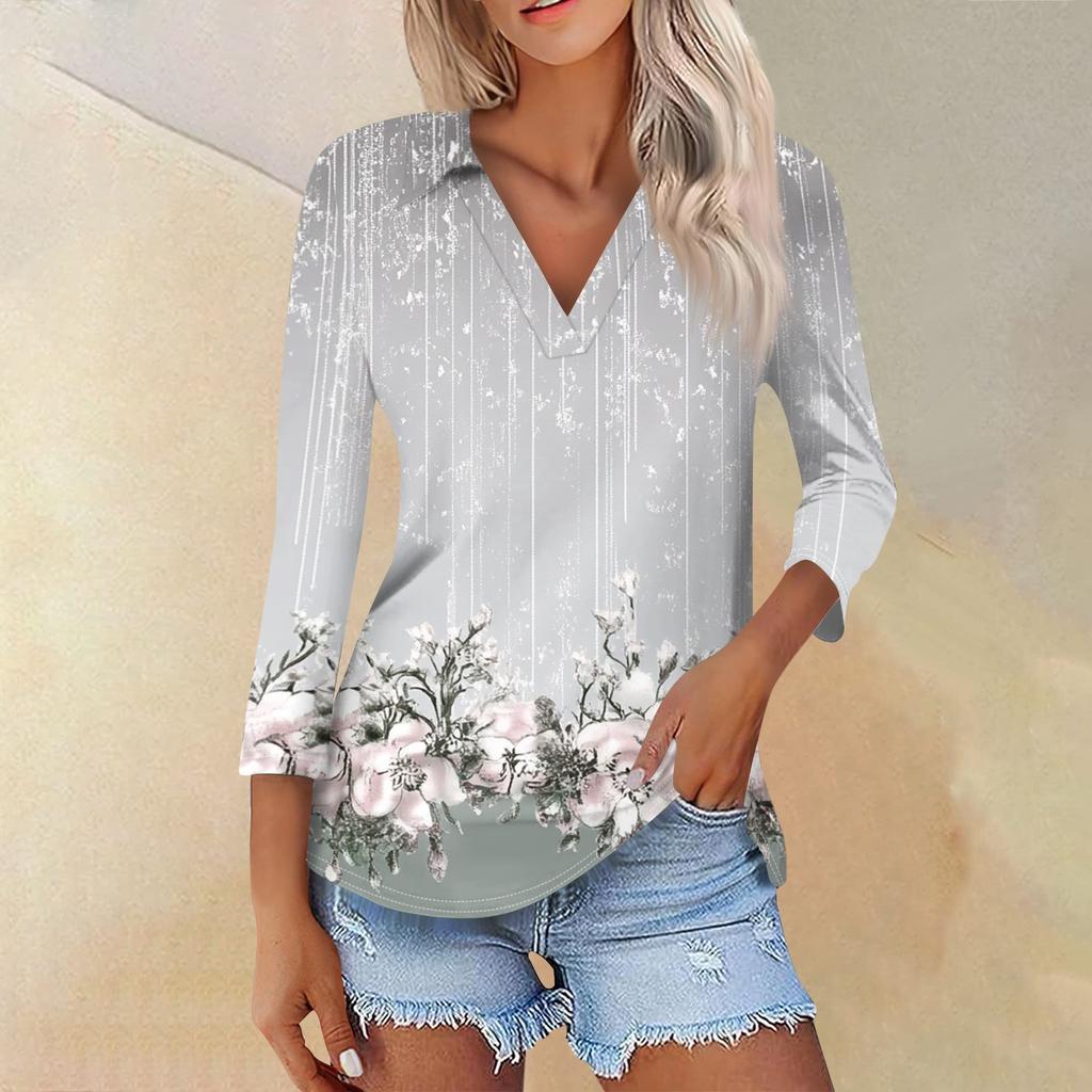 Women's Summer Fashion Casual  Print V-Neck Three Quarter Sleeve  Shirt Top