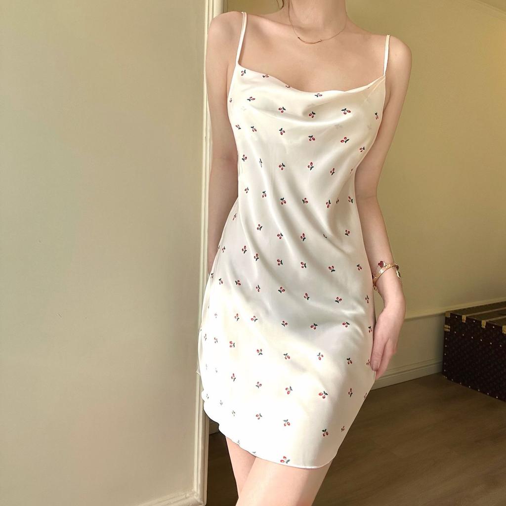 1011 New Sexy Nightdress for Women, Summer Spaghetti Strap Ice Silk Pajamas, INS Print Pure Desire Pajamas
