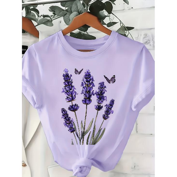 Lavender butterfly print women's round neck top T Shirt Spring and summer round neck short sleeve Women's tops suitable for travel and tourism