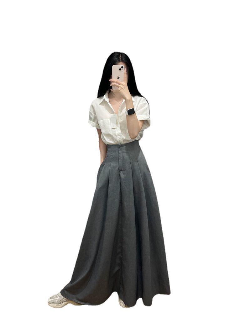 Women's Chic Hong Kong Salt-Style Two-Piece Set: Short-Sleeve Shirt & Midi Skirt for Spring/Summer.