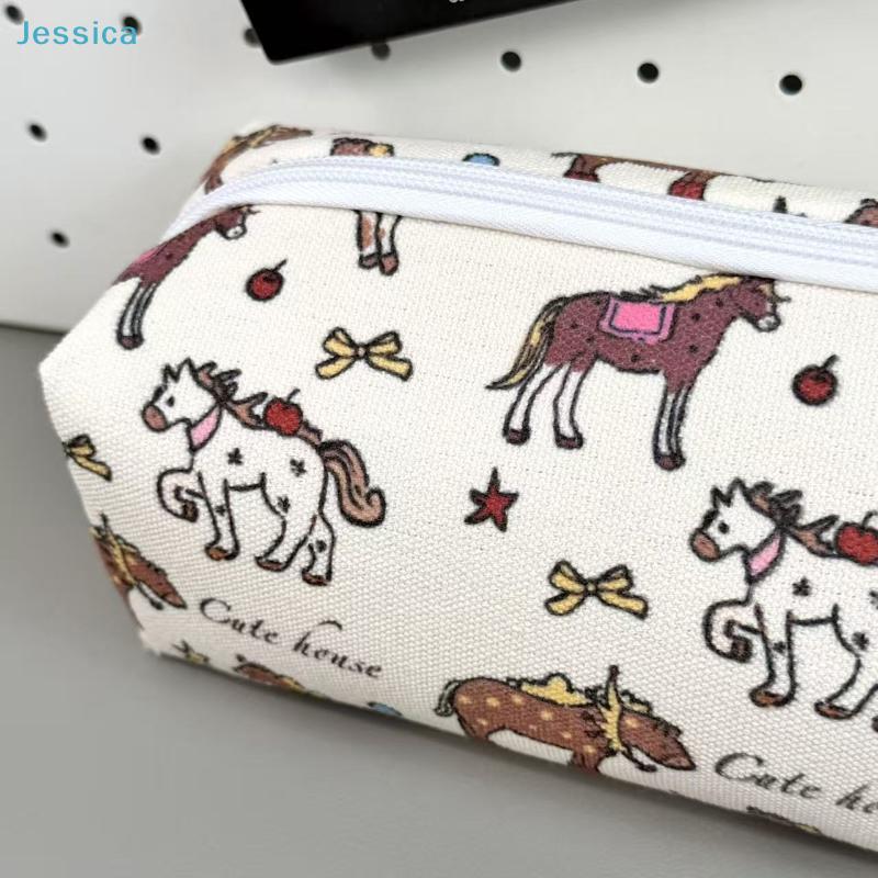 Cute Horse Print Pencil Case – Canvas Zipper Pouch For Stationery Cosmetics Daily Essentials