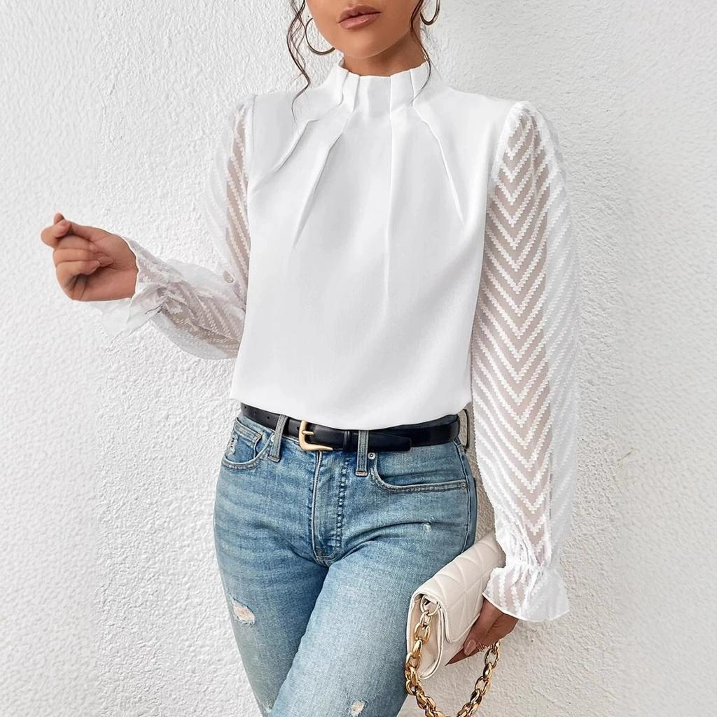 Frühling Damen Langarmhemd Halbturtleneck Chiffon Rüsche Herbst Durchsichtig Elegant Büro Pendeln Oberteil Damen Bluse