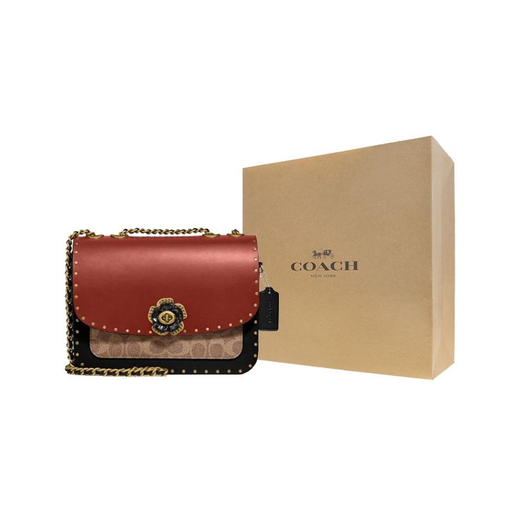 Coach Madison Camellia Metal Buckle Studded Decorated Small Square Bag Women Shoulder Bag Black Multicolor C3758-B4NQ4