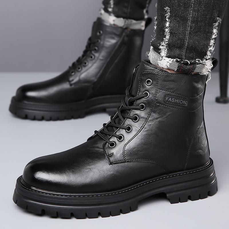 2026 Autumn Winter New Work Boots for Men Fashion Causal Leather Cotton Shoes Male Retro Solid Color Platform Ankle Boots Man