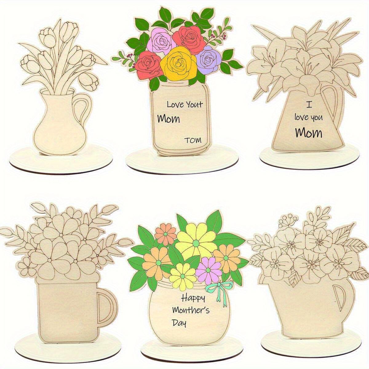 

6 Sets Wooden Floral Decor, DIY Painting Craft Kit for Mother s Day Spring, Unpainted Rose Lily Tulip Desktop Ornament